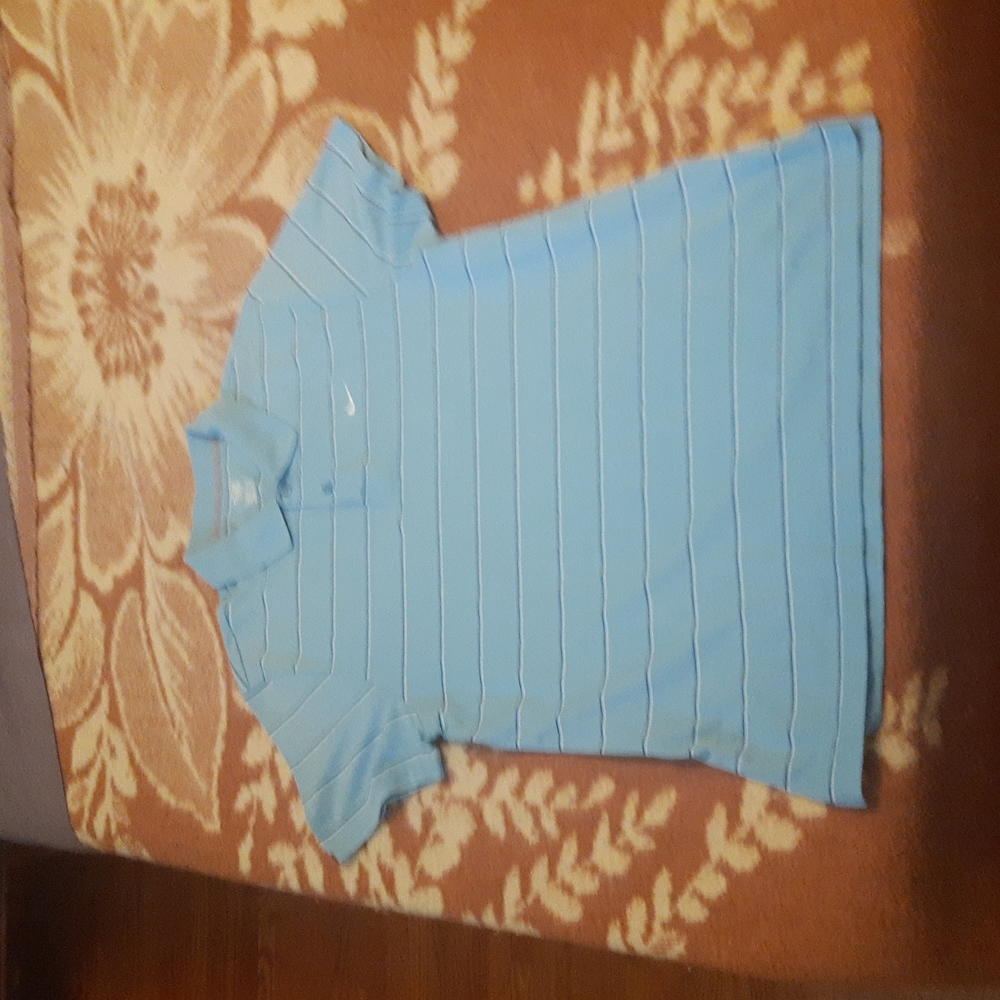 Vintage Nike Light/Sky and Navy Blue and White Stripped Polo/Golf Shirt